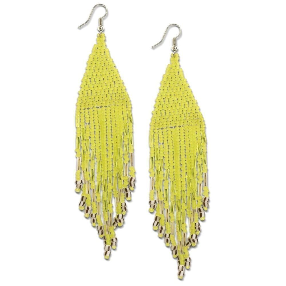 Green Bohemian Seed Bead Tassel Dangling Statement French Wire Hook Earrings